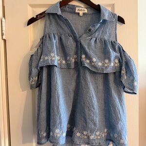 Listicle Blue Cold-Shoulder Ruffle Blouse with White Embroidery